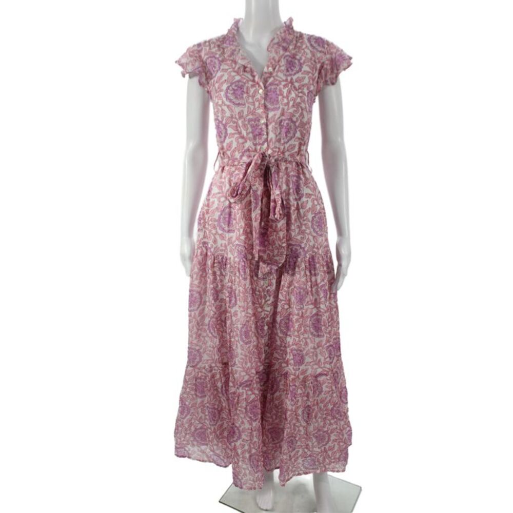 Oliphant Women Maxi Dress Pink Cotton Collared Short Sleeve Floral Size 2XS
